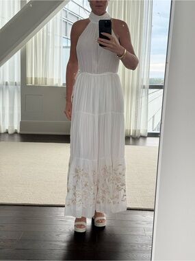 Ramy Brook White Maxi Dress with Embroidered Hem